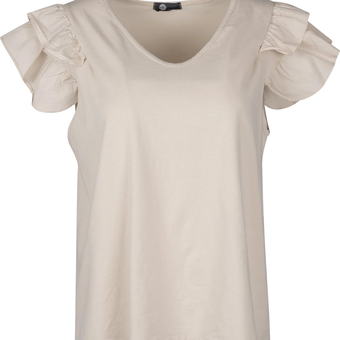 M MADE IN ITALY KNIT V NECK WOVEN COMBO TOP WITH RUFFLE SLEEVE IN COCONUT