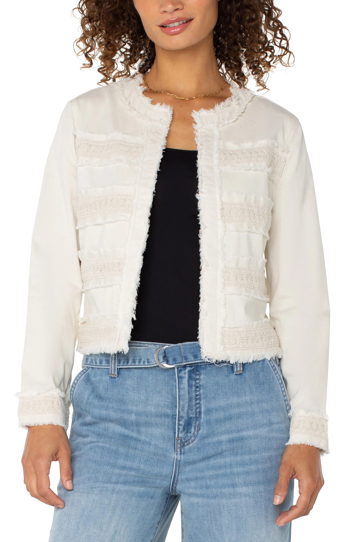 LIVERPOOL COLLARLESS JACKET WITH FRAY AND LACE IN BONE