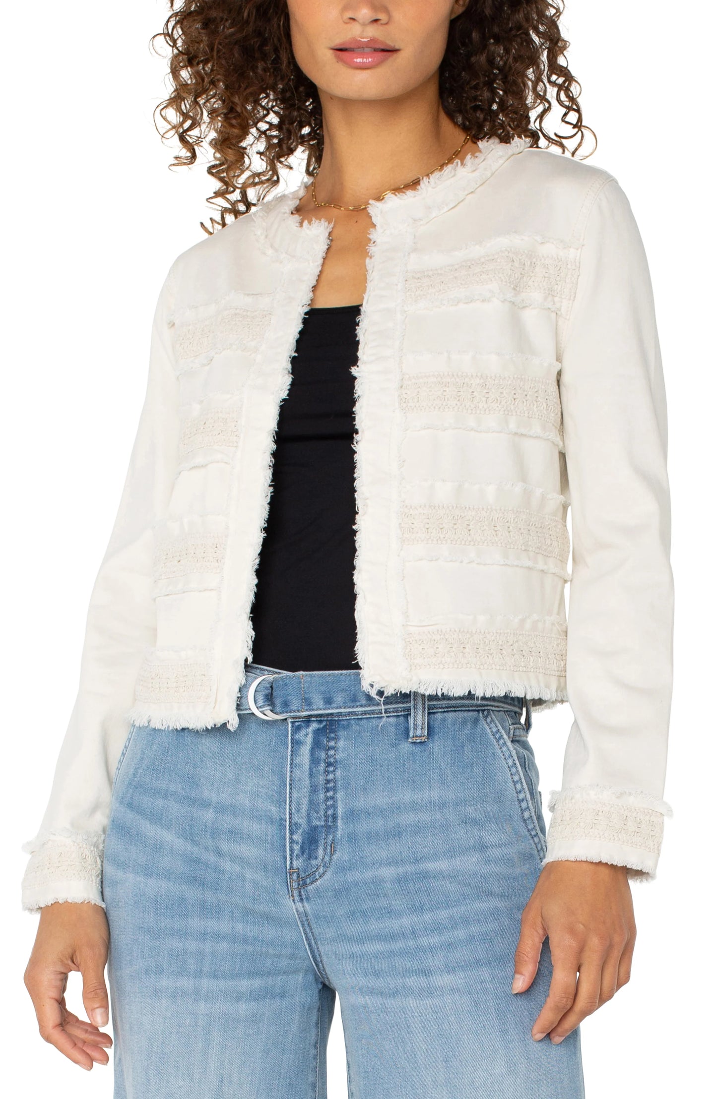 LIVERPOOL COLLARLESS JACKET WITH FRAY AND LACE IN BONE