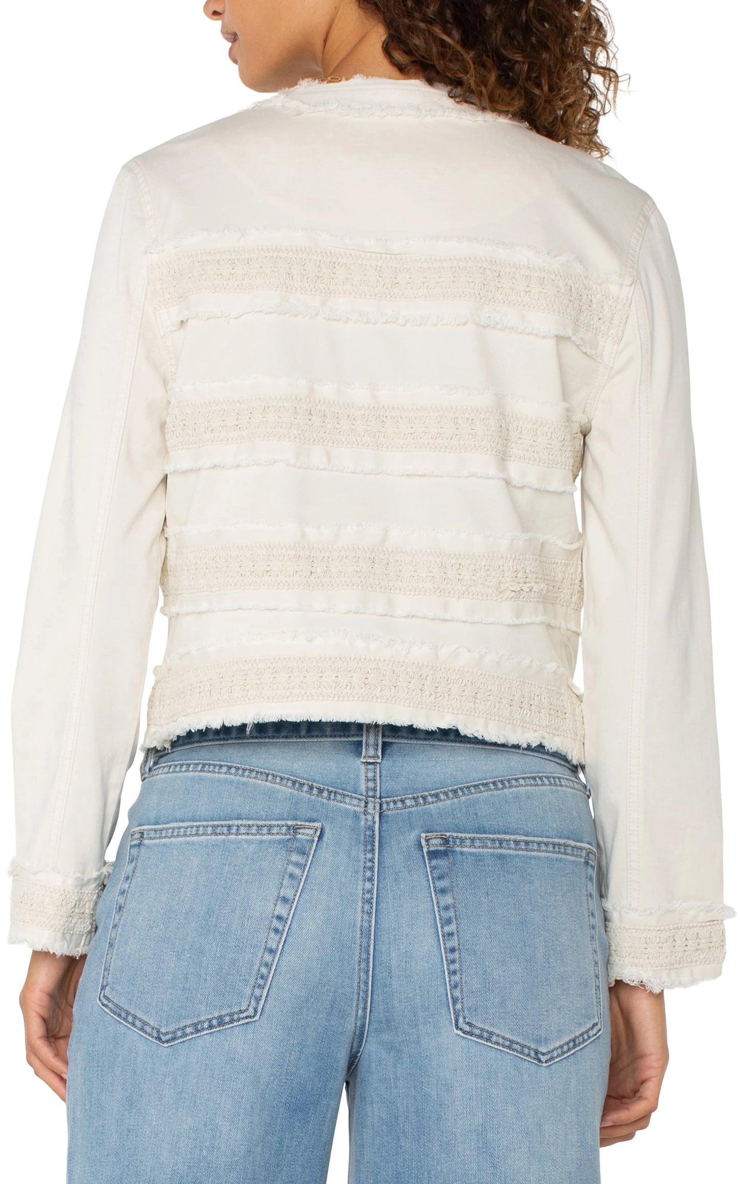 LIVERPOOL COLLARLESS JACKET WITH FRAY AND LACE IN BONE