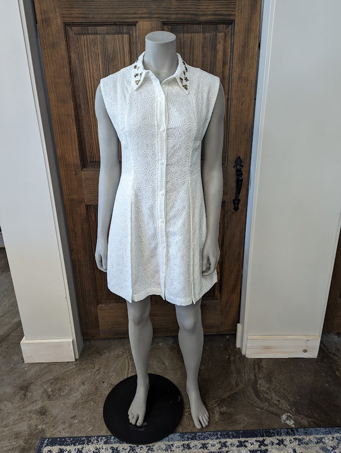 THE KORNER WHITE EYELET DRESS WITH EMBELLISHED COLLAR