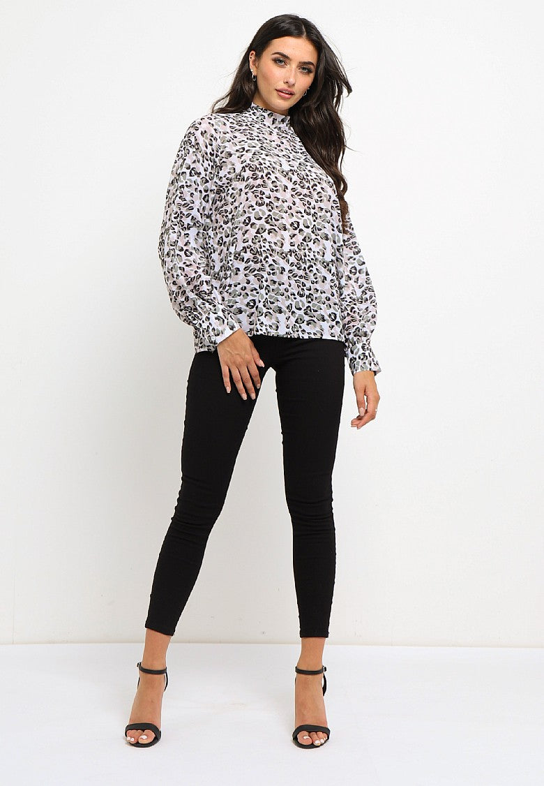 ANGELEYE HIGH NECK SATIN BLOUSE IN LEOPARD CHIFFON PRINT