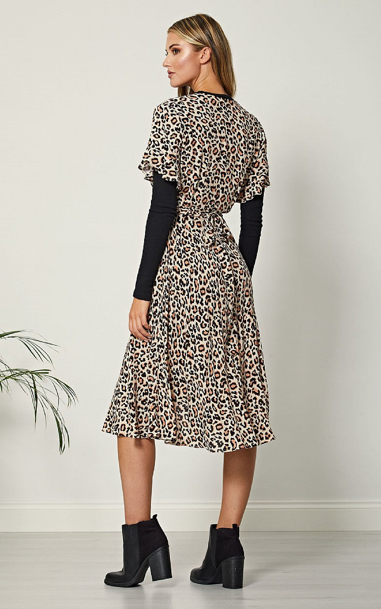 ANGELEYE SHORT SLEEVE ANIMAL PRINT WRAP DRESS - CREAM