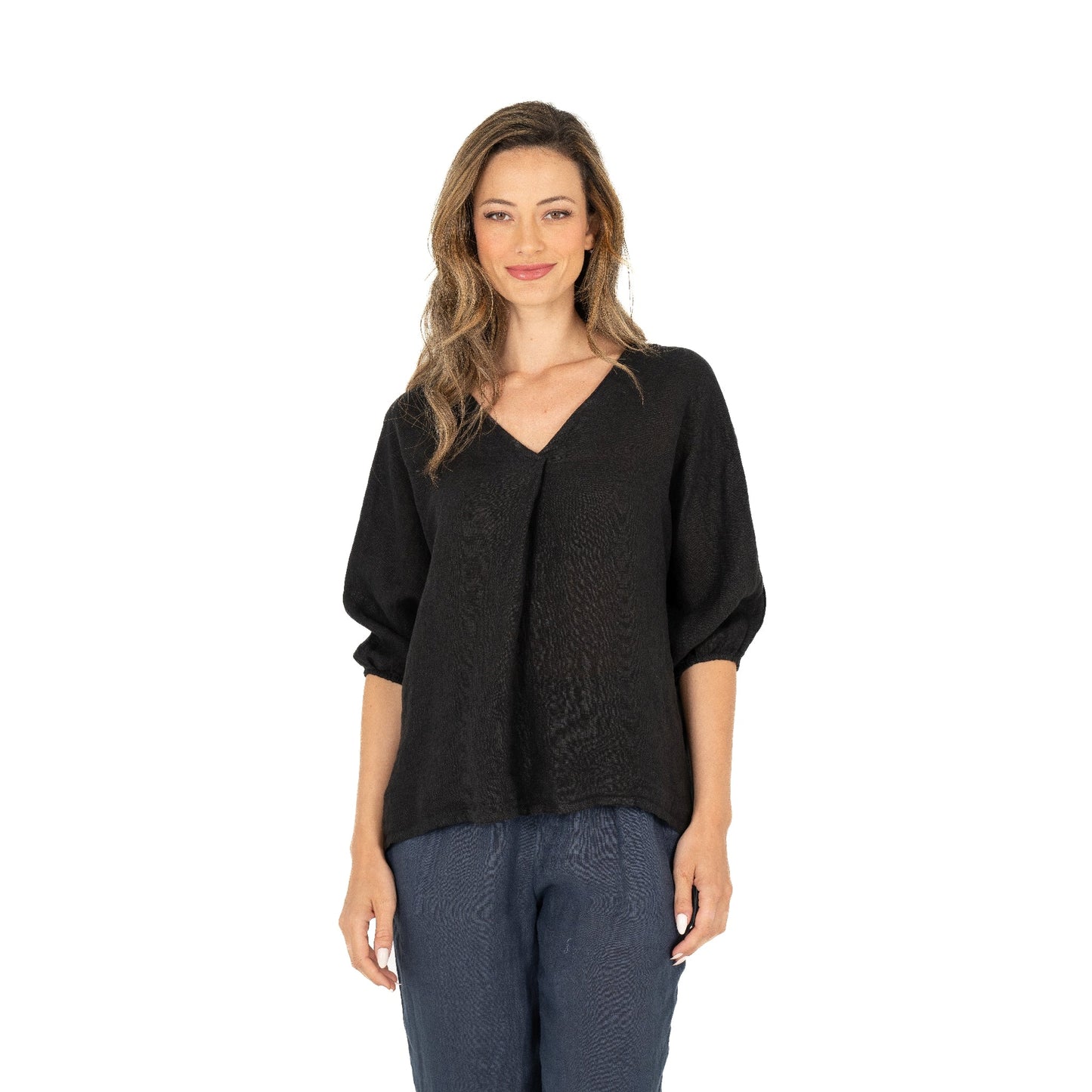 M MADE IN ITALY WOVEN TOP WITH 3/4 SLEEVE IN BLACK
