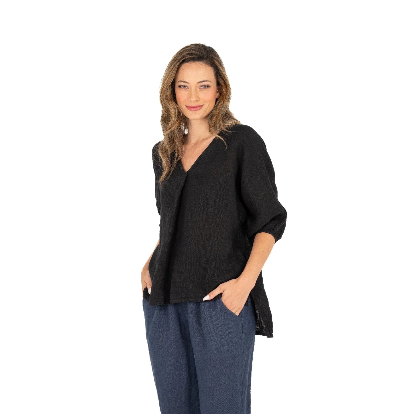 M MADE IN ITALY WOVEN TOP WITH 3/4 SLEEVE IN BLACK