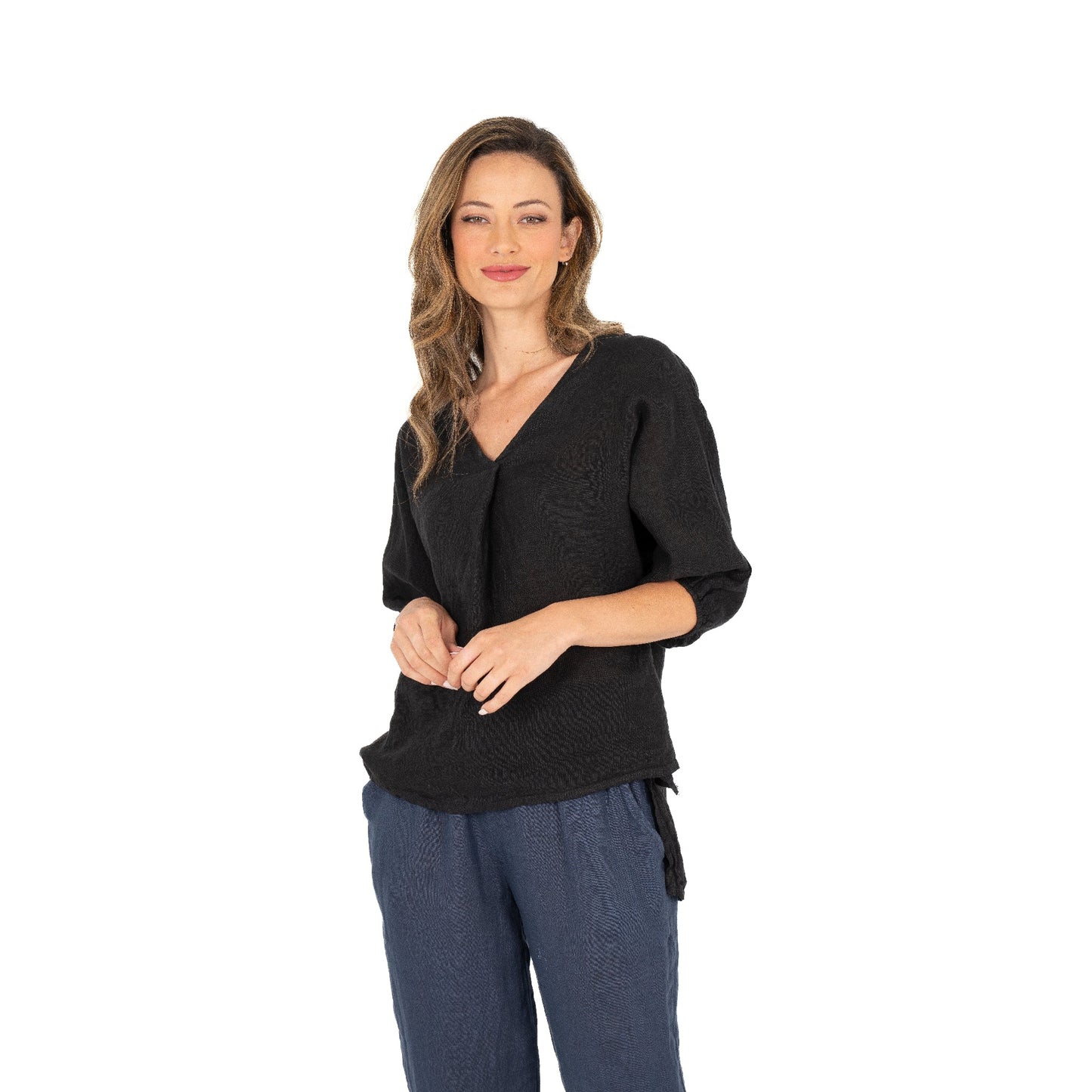 M MADE IN ITALY WOVEN TOP WITH 3/4 SLEEVE IN BLACK