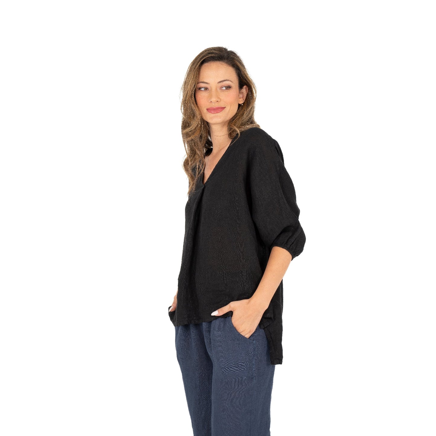 M MADE IN ITALY WOVEN TOP WITH 3/4 SLEEVE IN BLACK