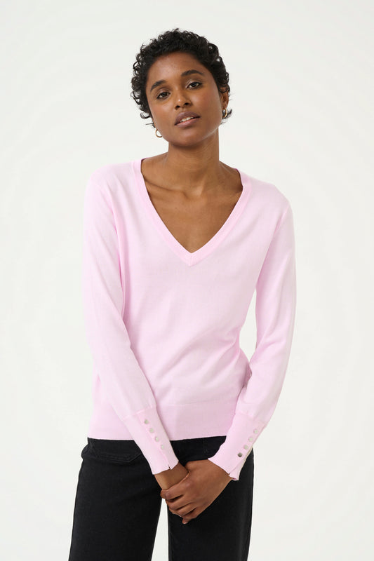 KAFFE LIZZA V-NECK KNIT PULLOVER WITH BUTTONS IN LILAC SNOW