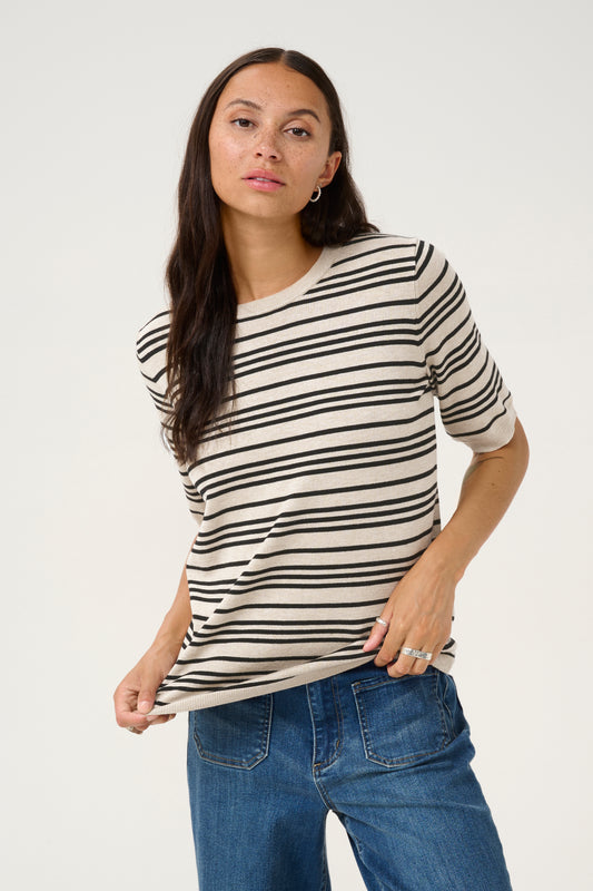 KAFFE LIZZA STRIPED KNIT IN BLACK AND FEATHER GREY STRIPE