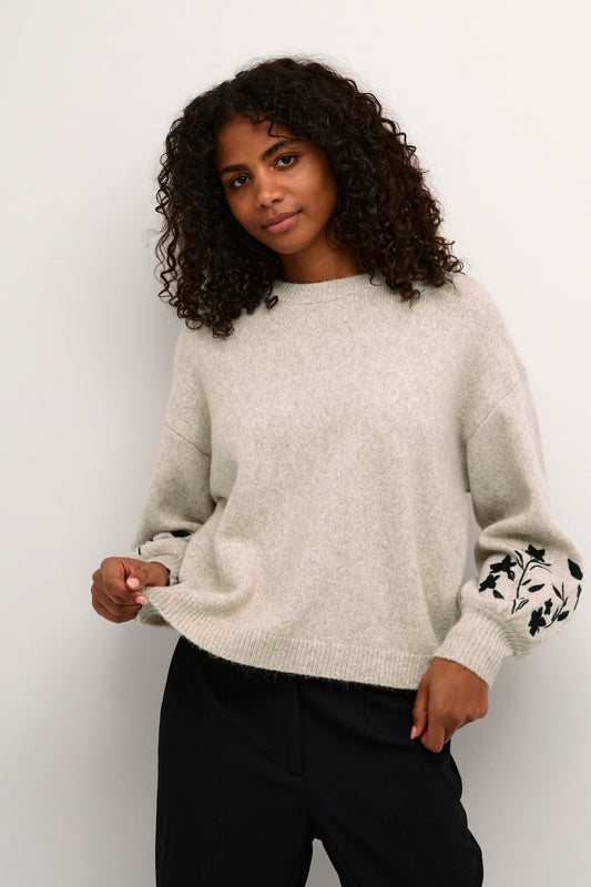 KAFFE LISETTE KNIT PULLOVER WITH SLEEVE PATTERN IN FEATHER GRAY MELANGE