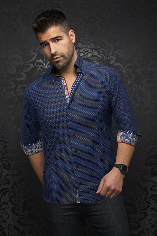 AU NOIR CESTERO NAVY GOLD WOVEN STRETCH SHIRT