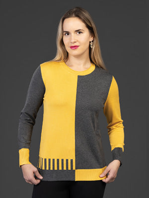 VARIATIONS MUSTARD/GREY ROUND NECK SWEATER