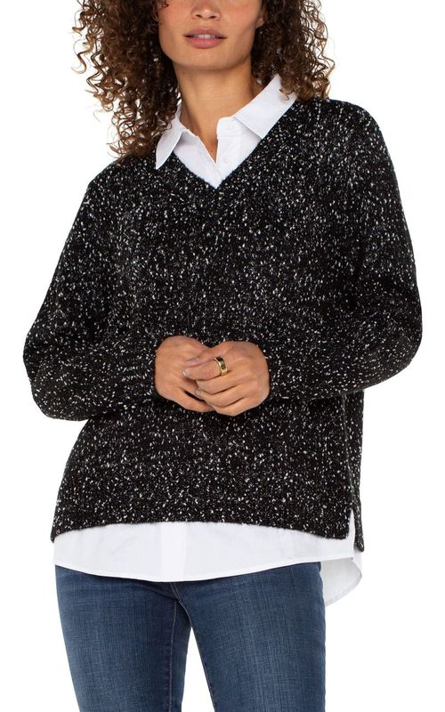 LIVERPOOL WOMENS TWOFFER LONG SLEEVE SWEATER W/COLLAR BLACK WITH WHITE FLECKS