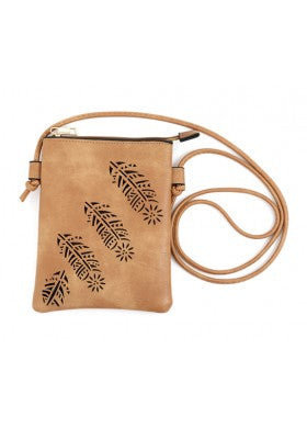 FEATHER LOGO CROSSBODY BAG WITH CELLPHONE POCKET & ADJUSTABLE STRAP IN CAMEL