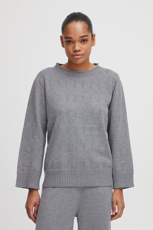 ICHI BEANCHE GREY MELANGE KNITTED PULLOVER