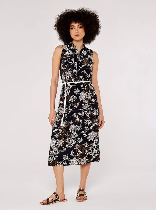 APRICOT PALM SCENE ROPE BELT DRESS IN BLACK