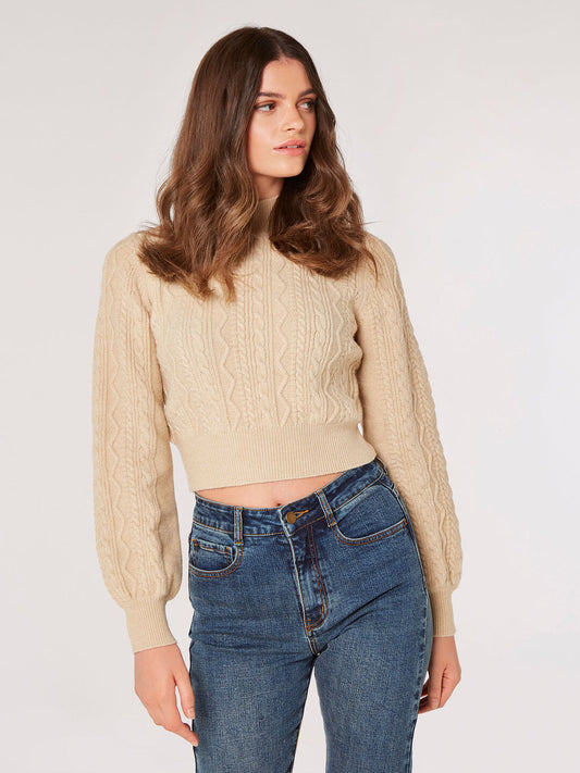 APRICOT DRY FUZZY ARAN PUFF SLEEVE SWEATER IN SAND