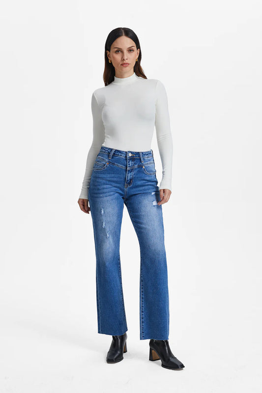 BAYEAS HIGH WAIST WIDE STRAIGHT LEG DENIM JEANS IN MEDIUM BLUE