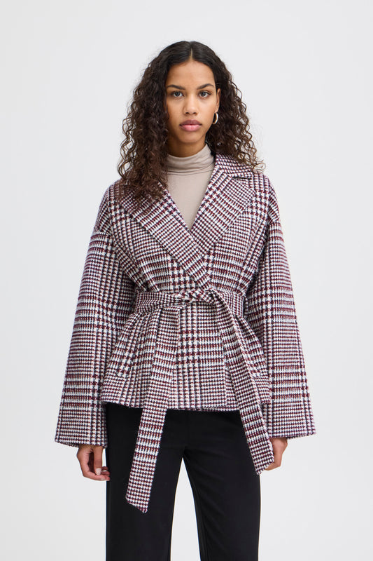 ICHI JANNET BURGUNDY BRUSHED CHECKERED JACKET