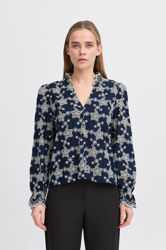 ICHI FLUNA LONG SLEEVE FLORAL BLOUSE IN MEDIVAL BLUE