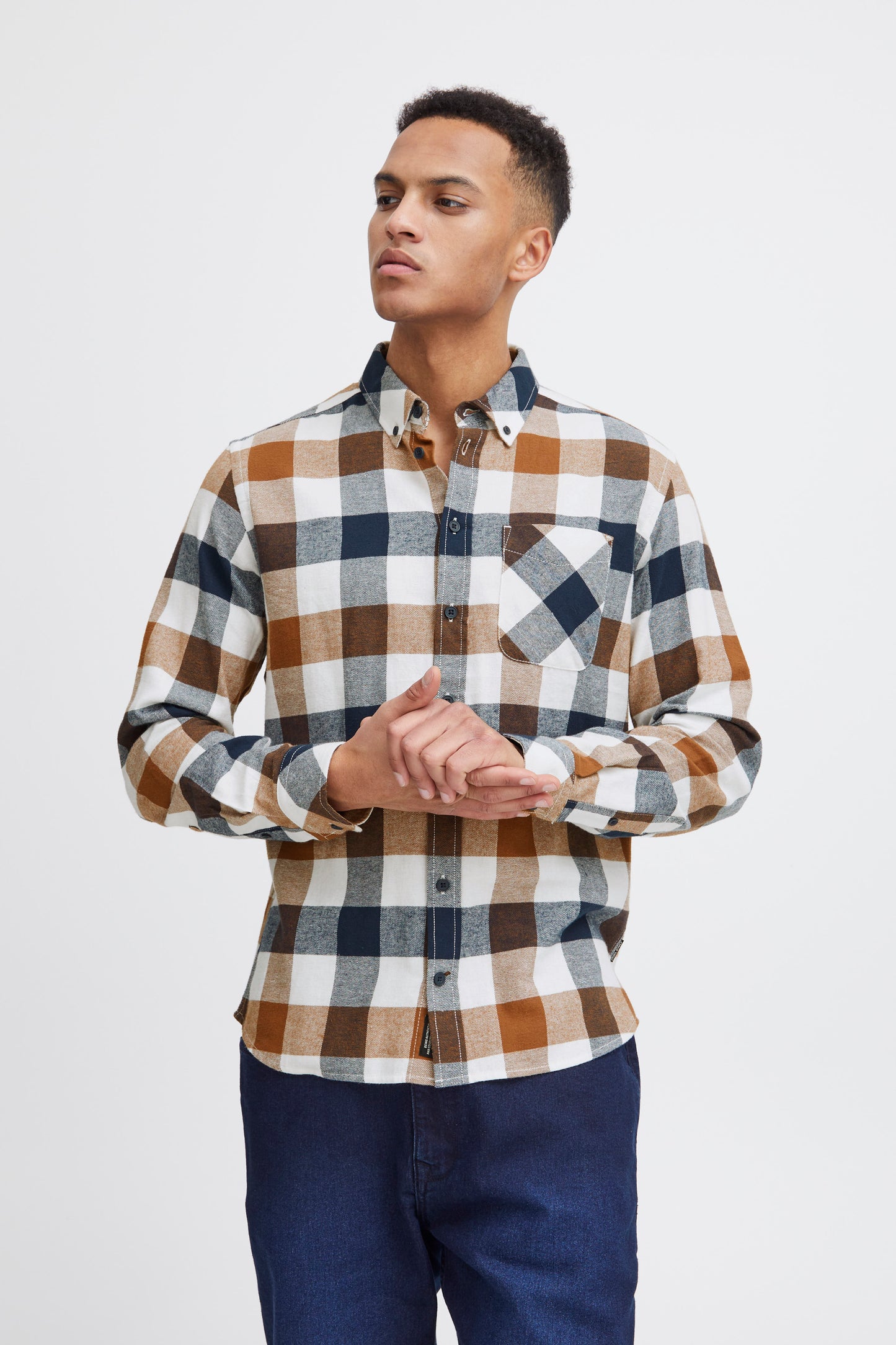 BLEND BUTTON UP PLAID DRESS BLUES SHIRT