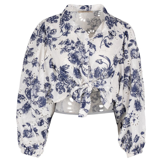 ASTRID SUMMER DAYS PRINT TIE FRONT EYELET BLOUSE IN NAVY PRINT