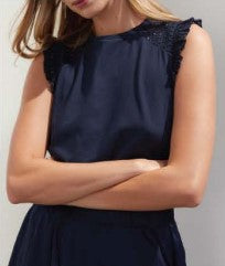 MOTION NAVY TOP WITH EYELET RUFFLE SLEEVE