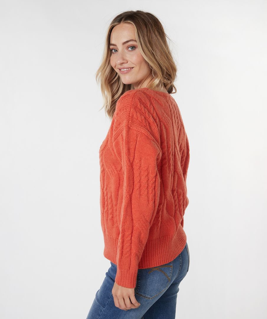 ESQUALO RED CLAY V NECK CABLE SWEATER