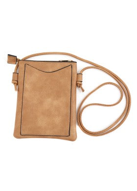 FEATHER LOGO CROSSBODY BAG WITH CELLPHONE POCKET & ADJUSTABLE STRAP IN CAMEL