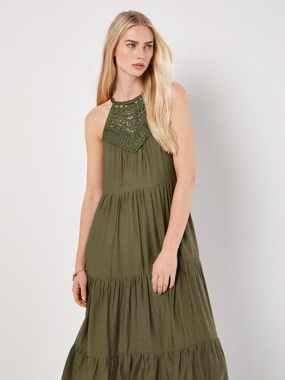 APRICOT KHAKI LACE HALTER NECK TIERED MIDI DRESS