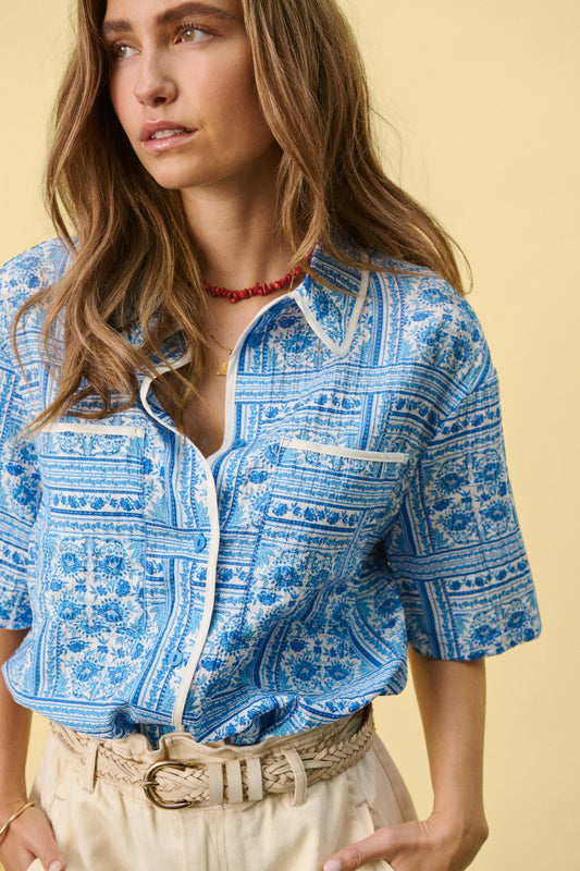 SAINT TROPEZ KAISA COLLARED SHIRT IN CAMPANULA PAISLEY