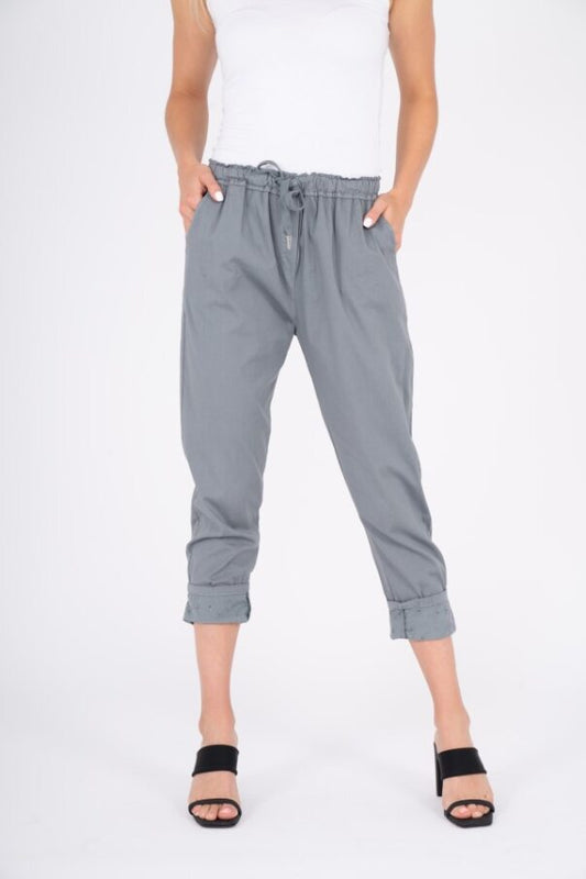 M MADE IN ITALY GREY WOVEN PANTS WITH EYELET BOTTOM