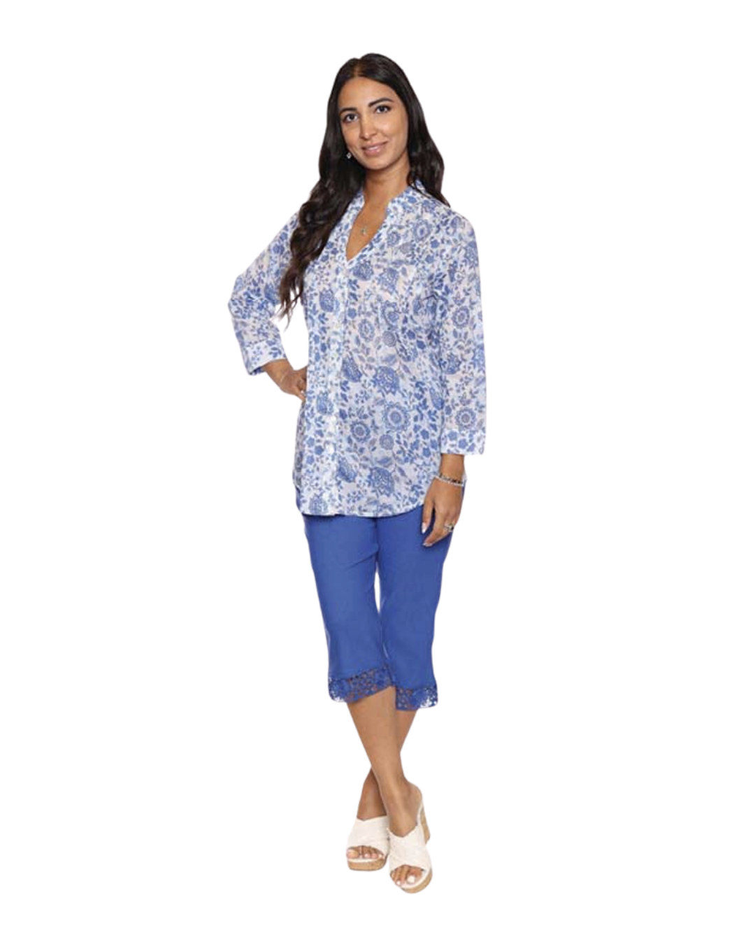 PAPA LONG SLEEVED TUNIC V NECK TOP IN BLUE AND WHITE MIX