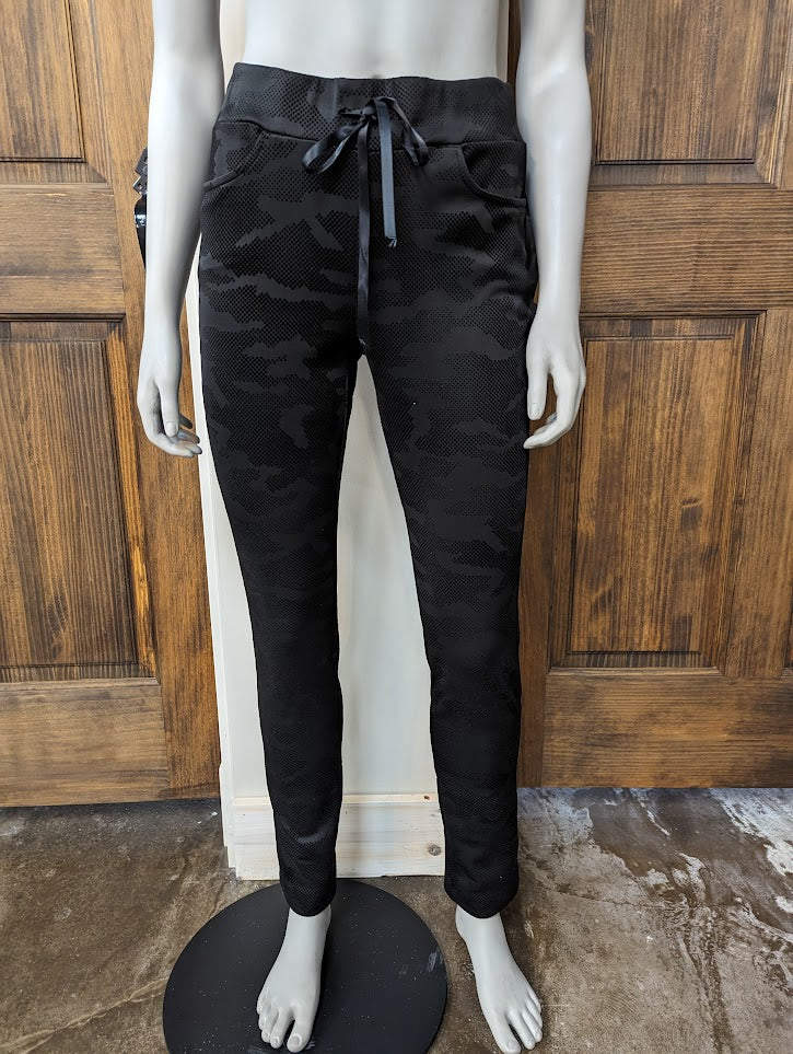 LUC FONTAINE BLACK AND CHARCOAL CAMO PULL ON PANTS WITH TIE FRONT