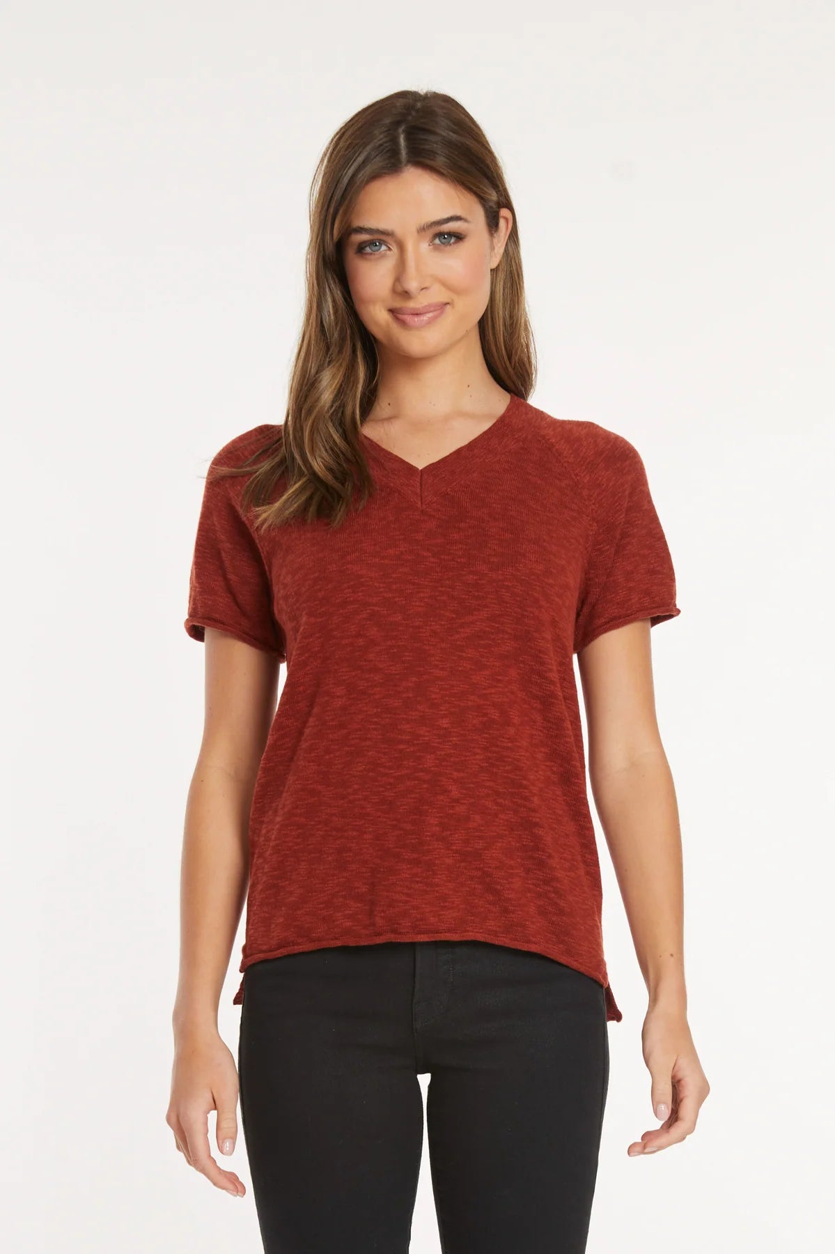 MODODOC SHORT SLEEVE OPEN V-NECK SWEATER IN CIDER