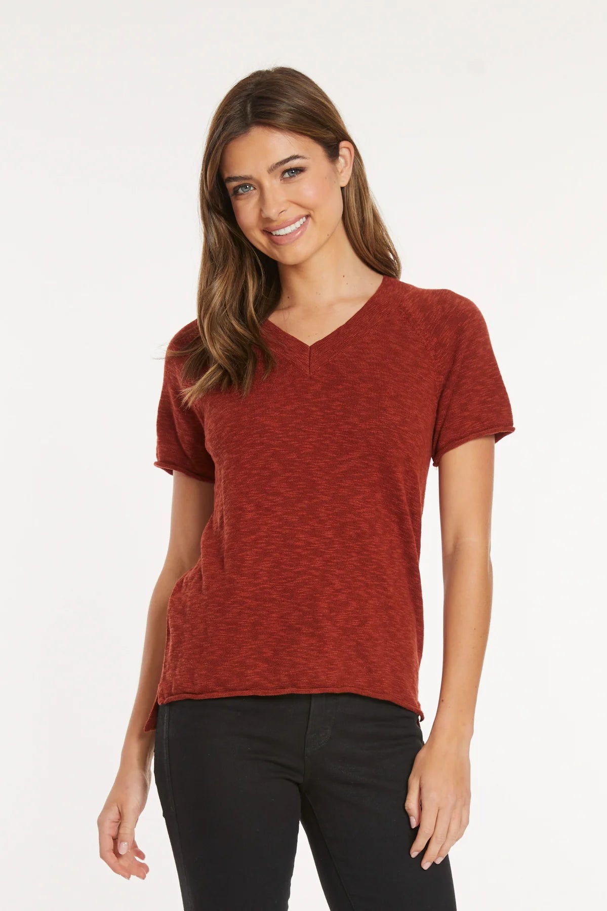 MODODOC SHORT SLEEVE OPEN V-NECK SWEATER IN CIDER