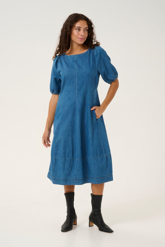 CULTURE RIVA ARPA SHORT SLEEVE DRESS IN DARK BLUE WASH