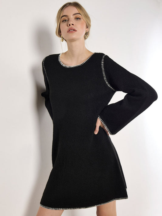 APRICOT BLANKET STITCH KNITTED SWING DRESS IN BLACK WITH WHITE DETAIL