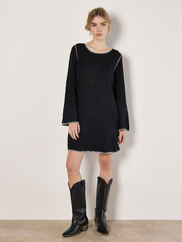APRICOT BLANKET STITCH KNITTED SWING DRESS IN BLACK WITH WHITE DETAIL