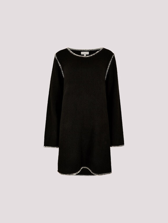APRICOT BLANKET STITCH KNITTED SWING DRESS IN BLACK WITH WHITE DETAIL
