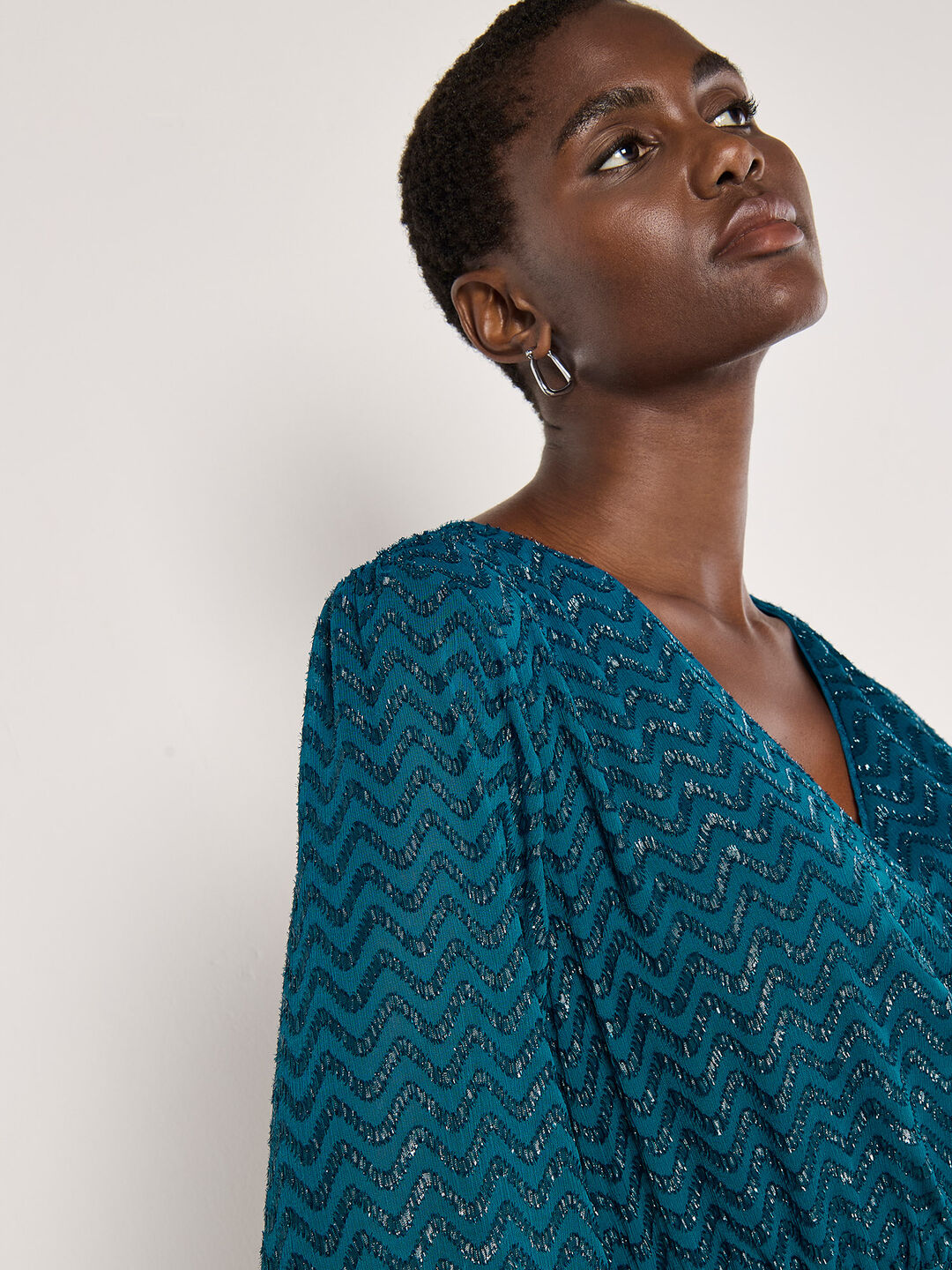 APRICOT CHEVRON SHIMMER JACQUARD WRAP DRESS IN TEAL