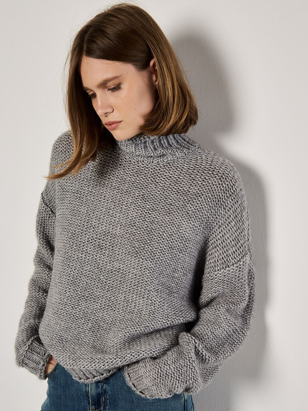 APRICOT OVERSIZED MOCK NECK CHUNKY SWEATER IN GREY
