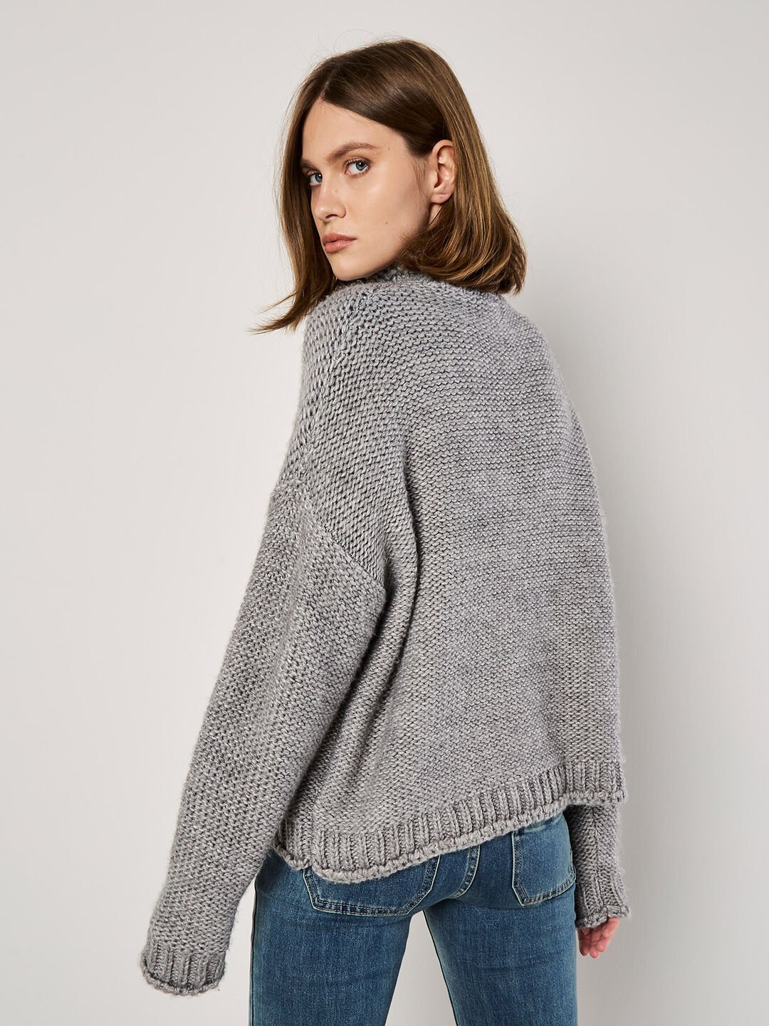 APRICOT OVERSIZED MOCK NECK CHUNKY SWEATER IN GREY