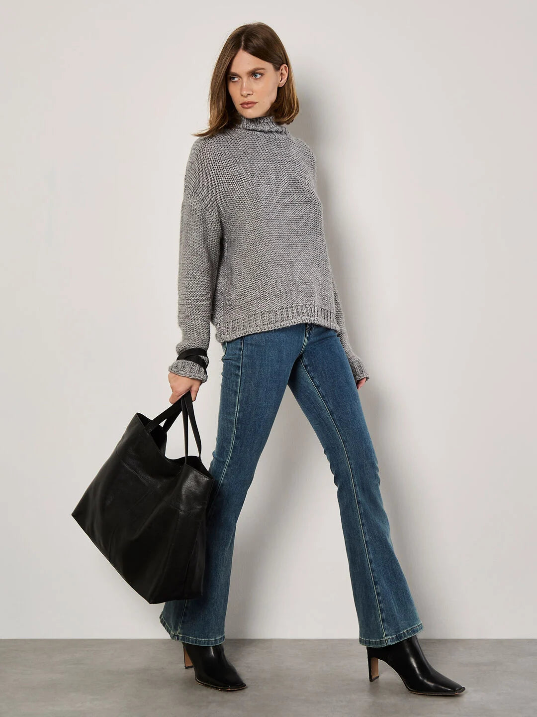 APRICOT OVERSIZED MOCK NECK CHUNKY SWEATER IN GREY