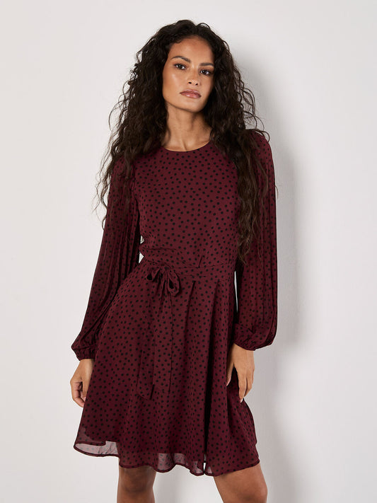 APRICOT BURGUNDY POLKA DOT MINI DRESS