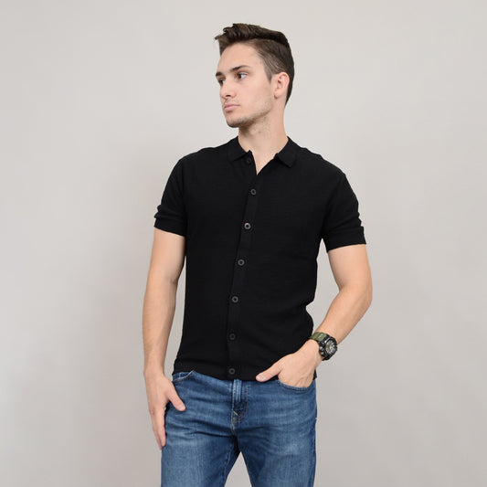 HEDGE MEN'S SHORT SLEEVE BUTTON SWEATER IN BLACK