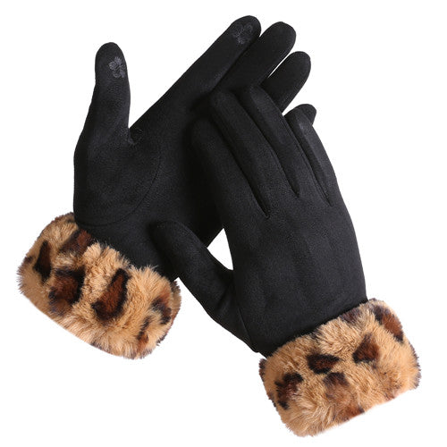 D&W BLACK LEO PRINT FUR TOUCH SCREEN GLOVES