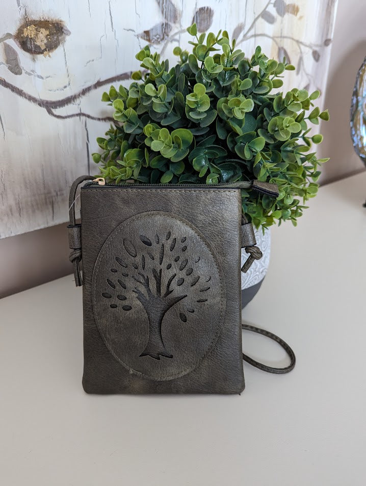 TREE OF LIFE LOGO CROSSBODY BAG WITH CELLPHONE POCKET & ADJUSTABLE STRAP IN GREEN