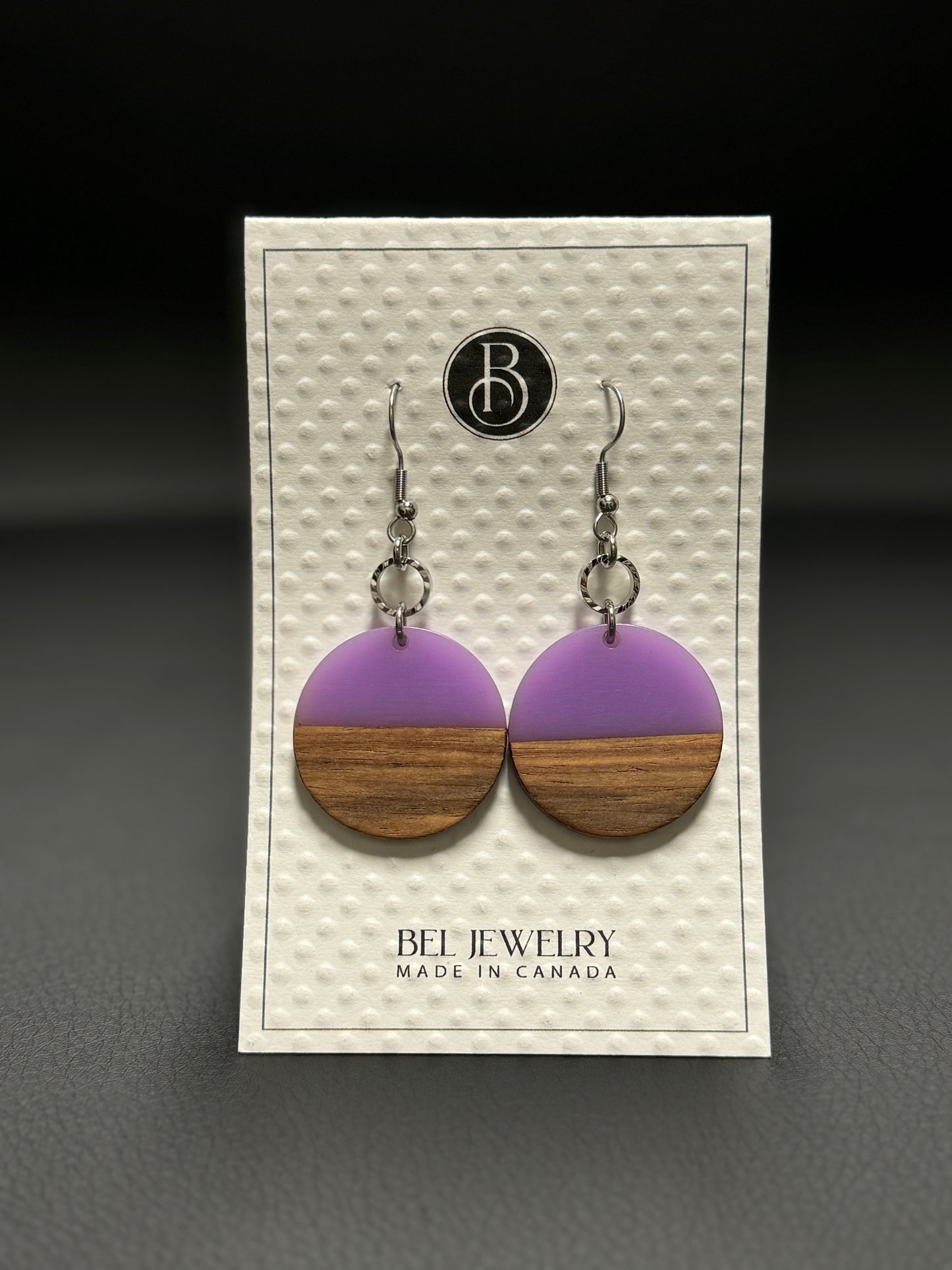 BEL JEWLERY WALNUT AND PURPLE RESIN ROUND EARRINGS