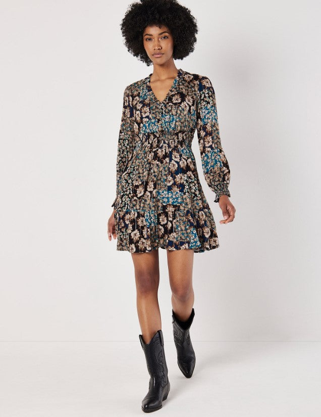 APRICOT TEAL PATCHWORK FLORAL SHIMMER MINI DRESS